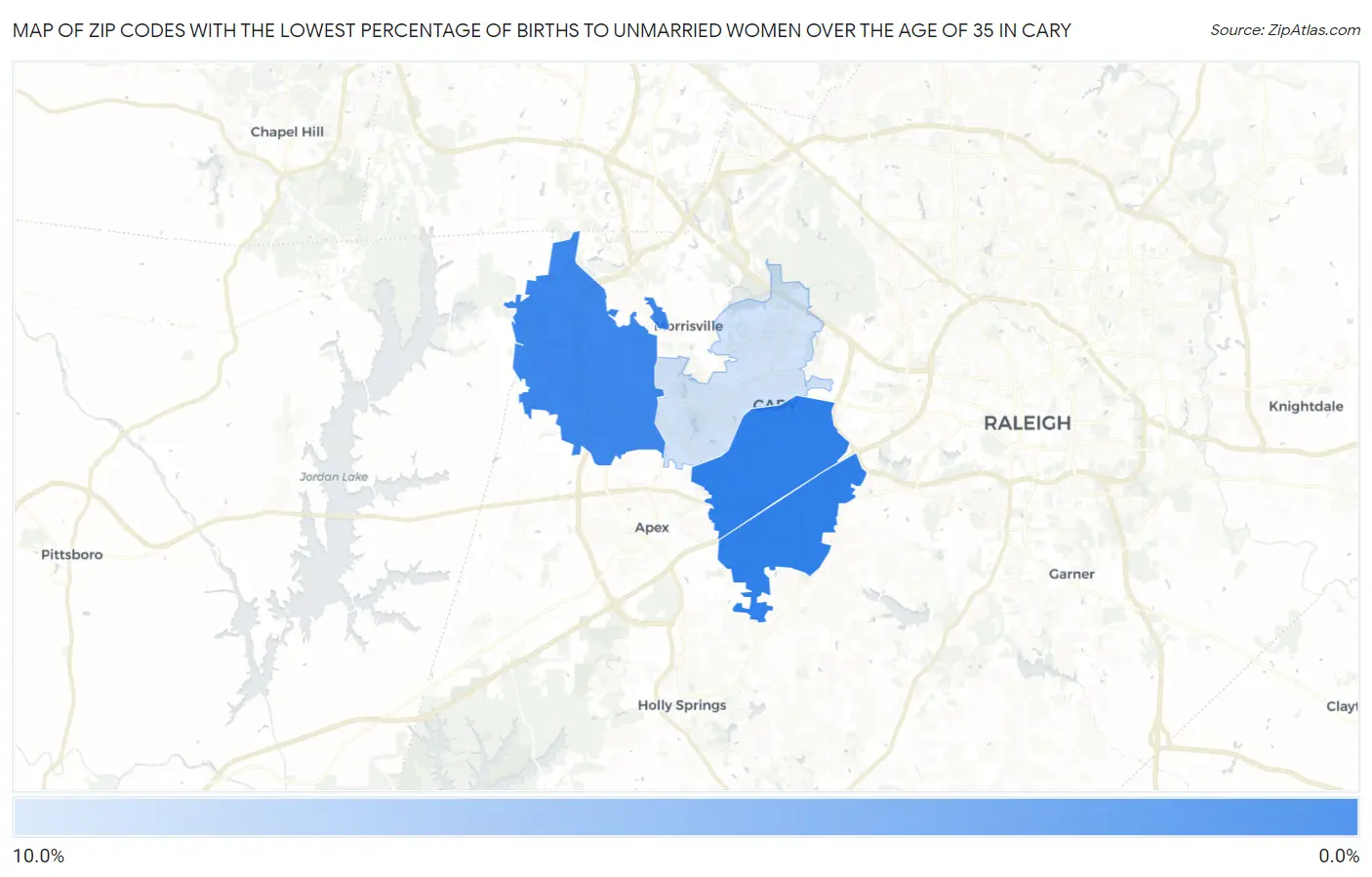 Zip Codes with the Lowest Percentage of Births to Unmarried Women over the Age of 35 in Cary Map