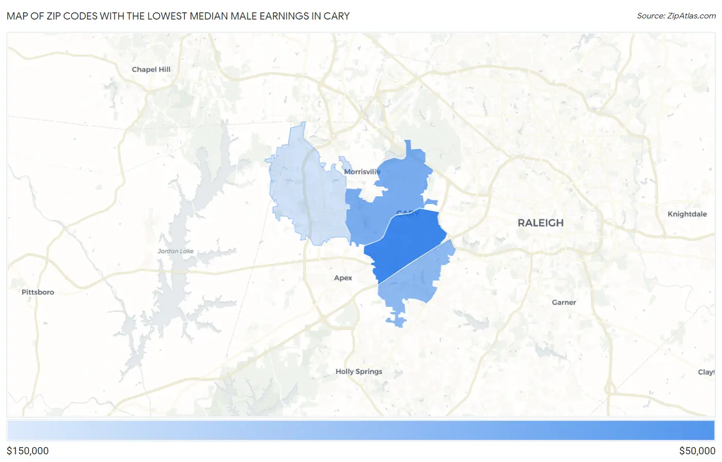 Zip Codes with the Lowest Median Male Earnings in Cary Map