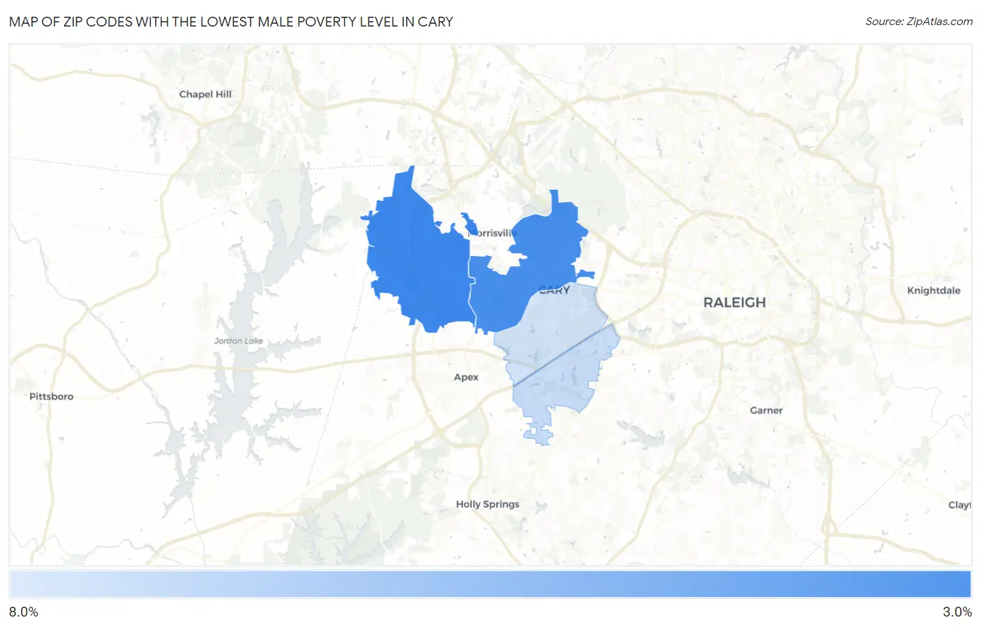 Zip Codes with the Lowest Male Poverty Level in Cary Map