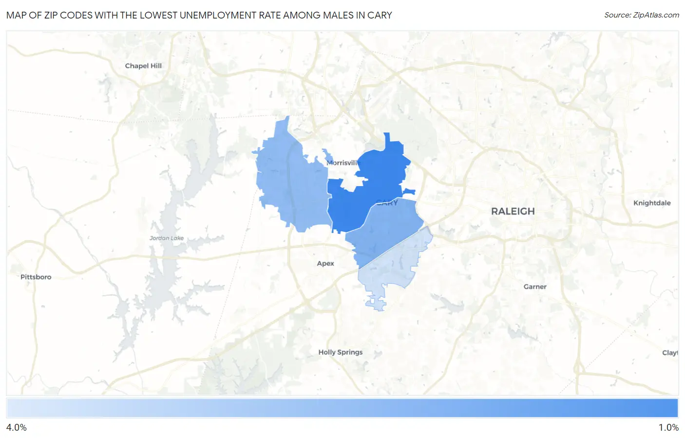 Zip Codes with the Lowest Unemployment Rate Among Males in Cary Map