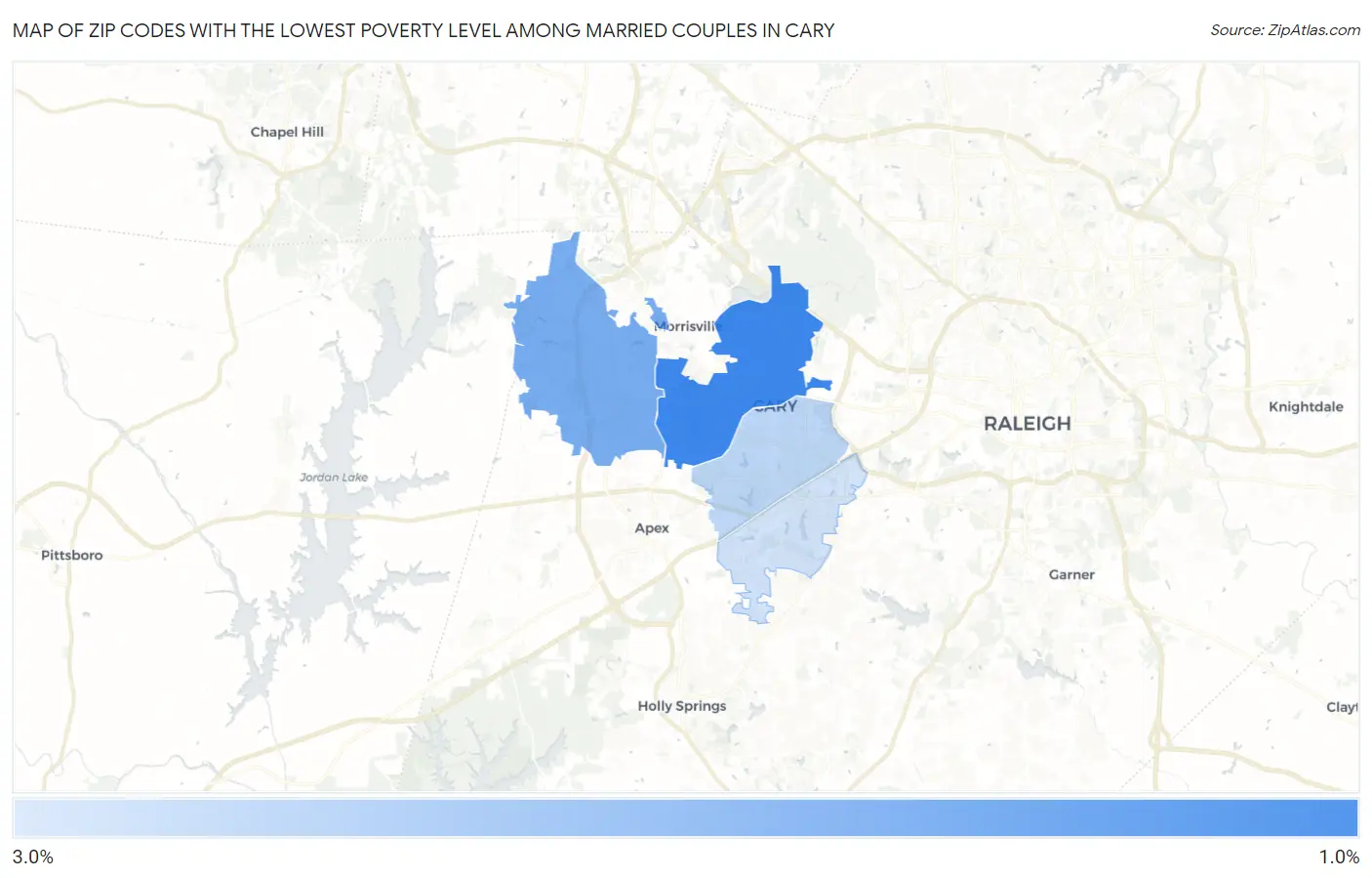 Zip Codes with the Lowest Poverty Level Among Married Couples in Cary Map
