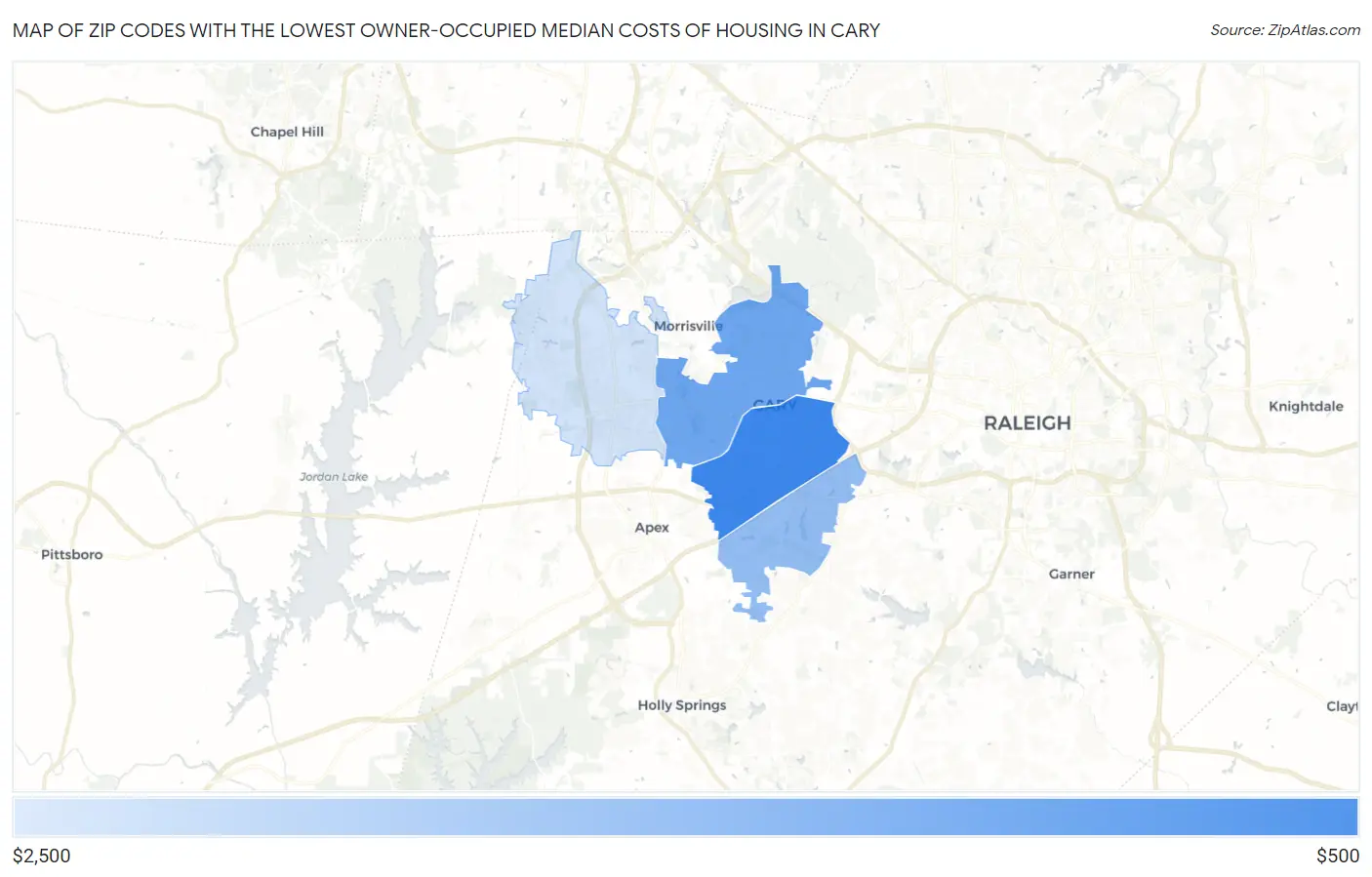 Zip Codes with the Lowest Owner-Occupied Median Costs of Housing in Cary Map