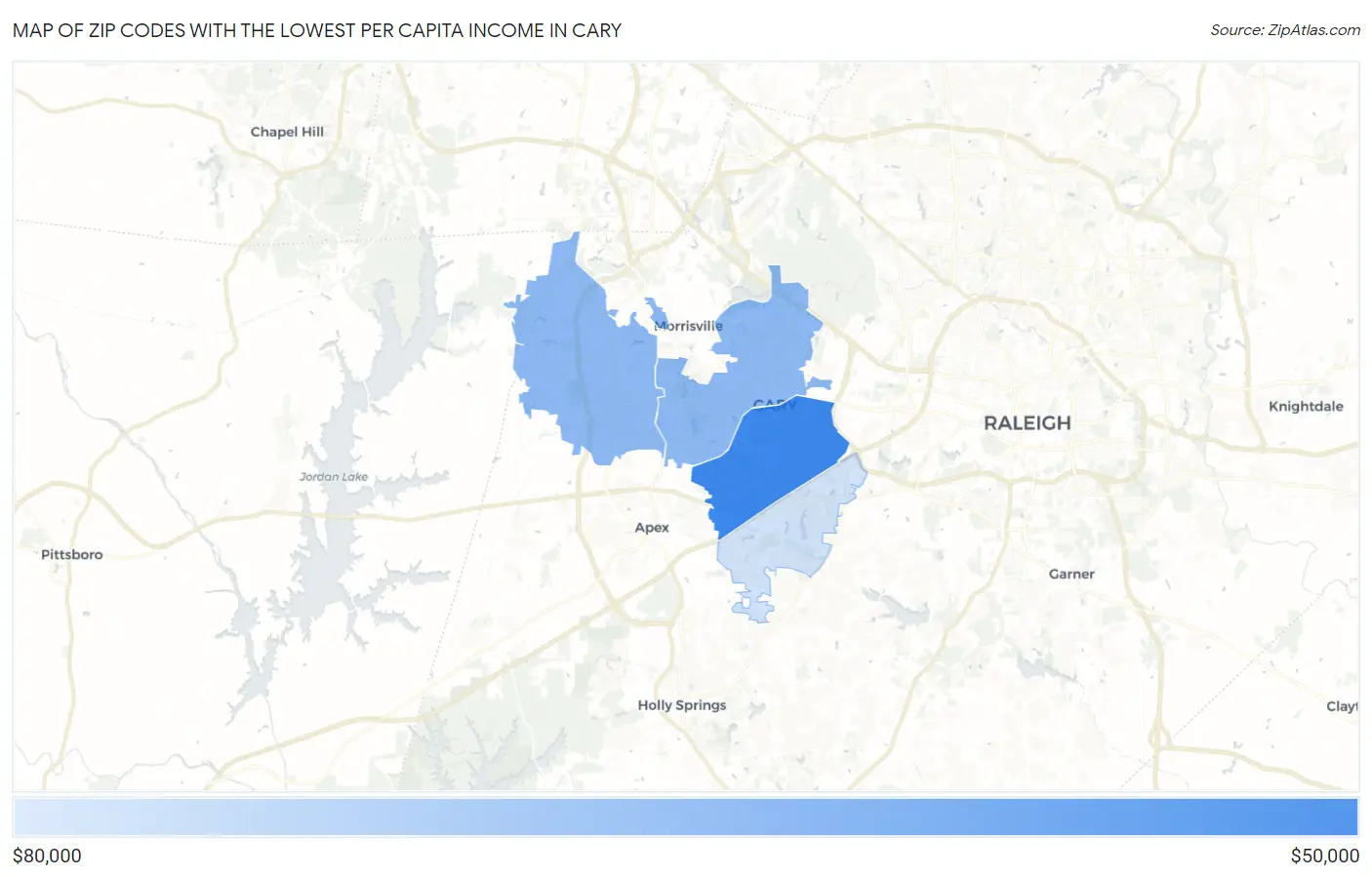 Zip Codes with the Lowest Per Capita Income in Cary Map