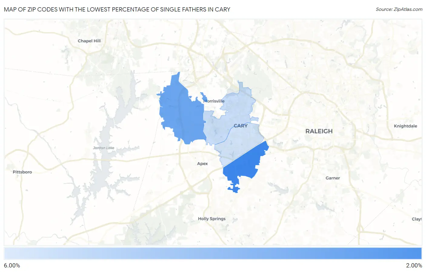Zip Codes with the Lowest Percentage of Single Fathers in Cary Map