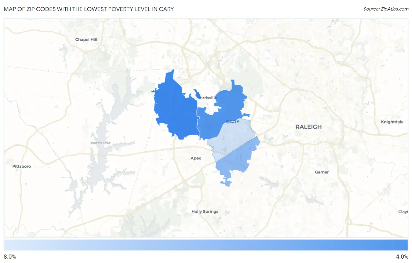 Zip Codes with the Lowest Poverty Level in Cary Map