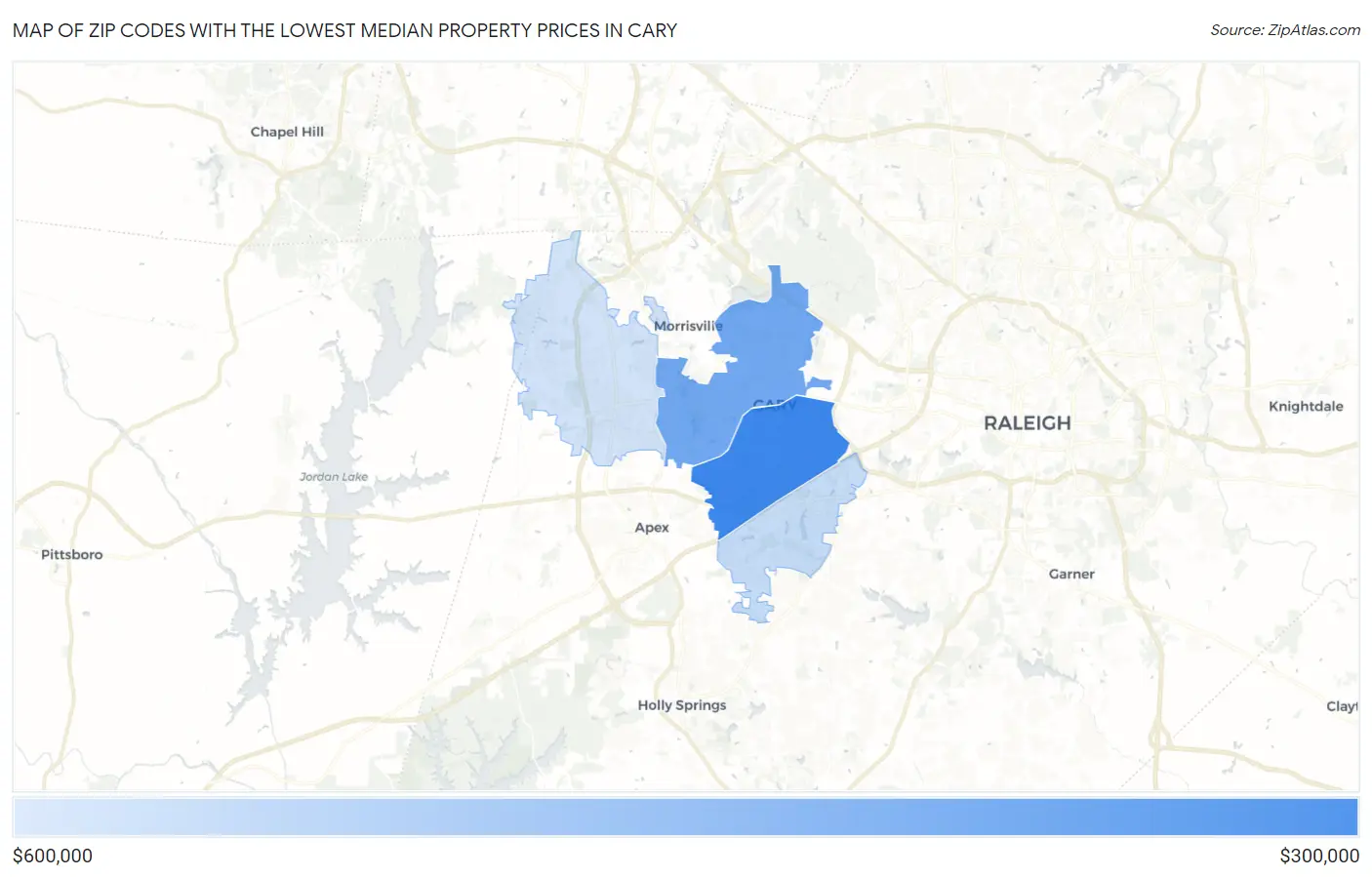Zip Codes with the Lowest Median Property Prices in Cary Map