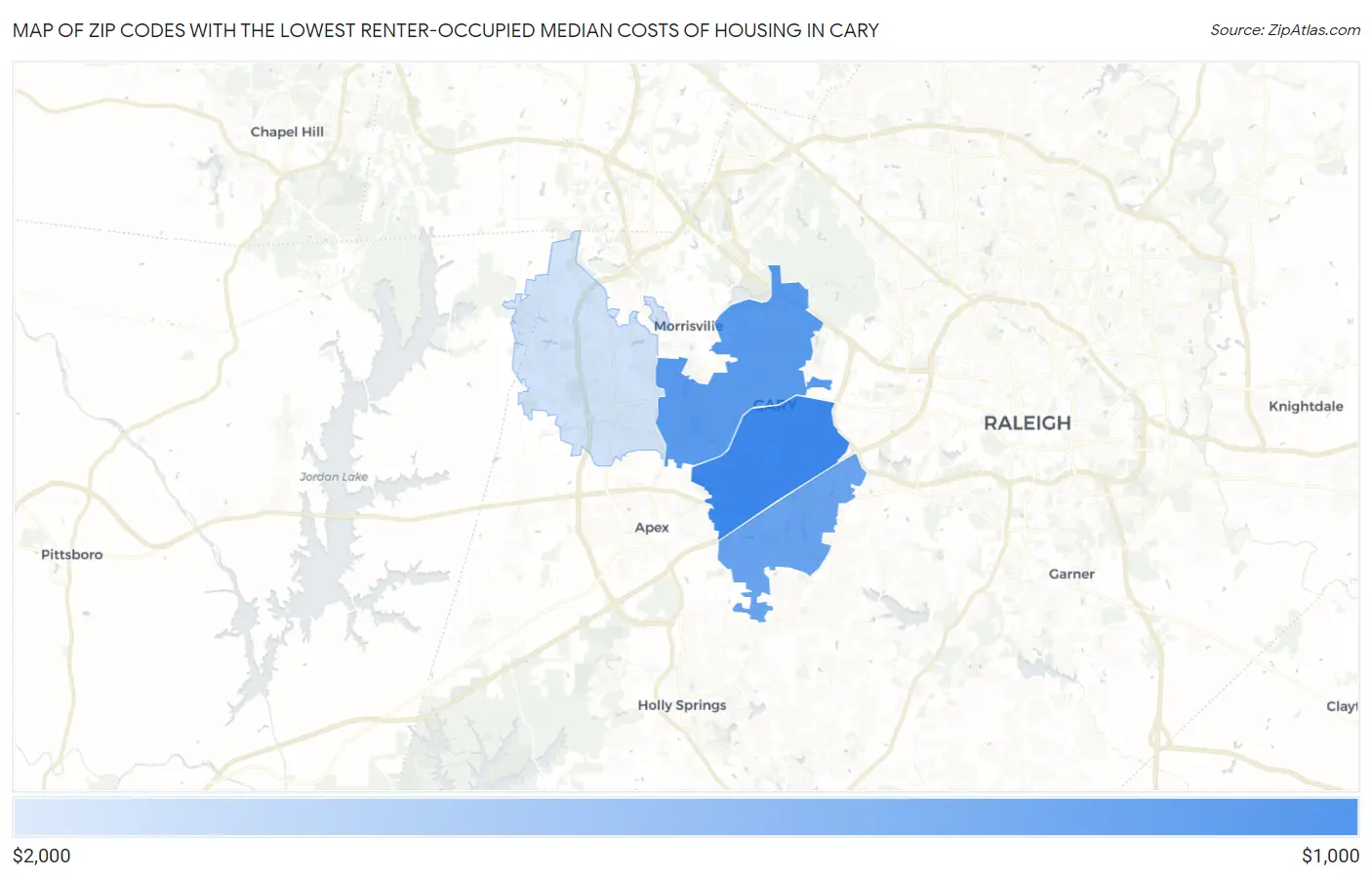 Zip Codes with the Lowest Renter-Occupied Median Costs of Housing in Cary Map