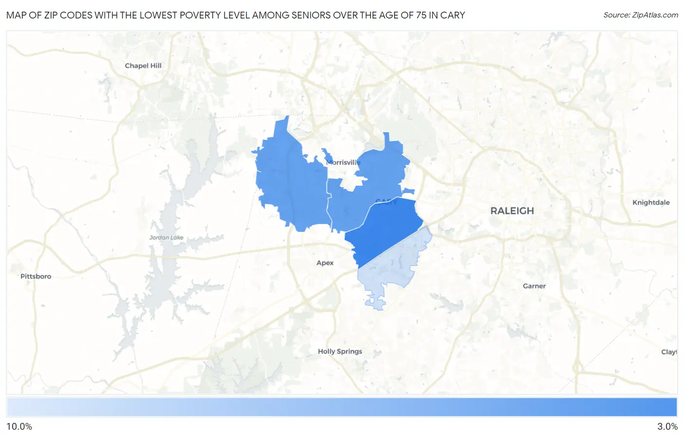Zip Codes with the Lowest Poverty Level Among Seniors Over the Age of 75 in Cary Map