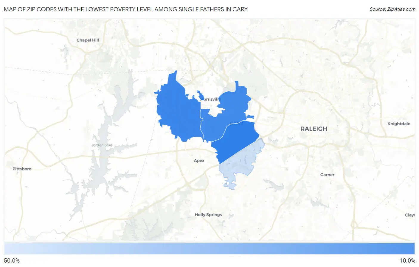 Zip Codes with the Lowest Poverty Level Among Single Fathers in Cary Map