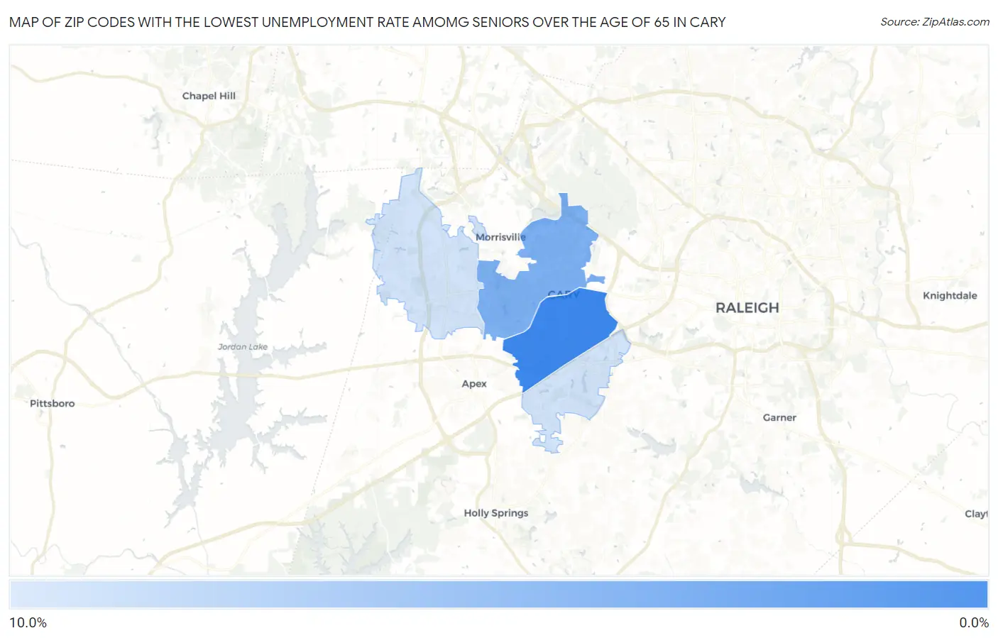 Zip Codes with the Lowest Unemployment Rate Amomg Seniors Over the Age of 65 in Cary Map