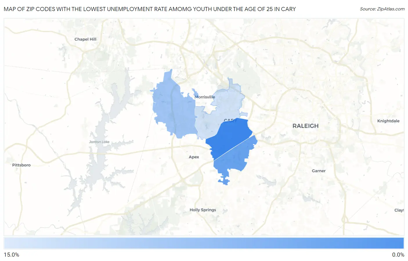 Zip Codes with the Lowest Unemployment Rate Amomg Youth Under the Age of 25 in Cary Map