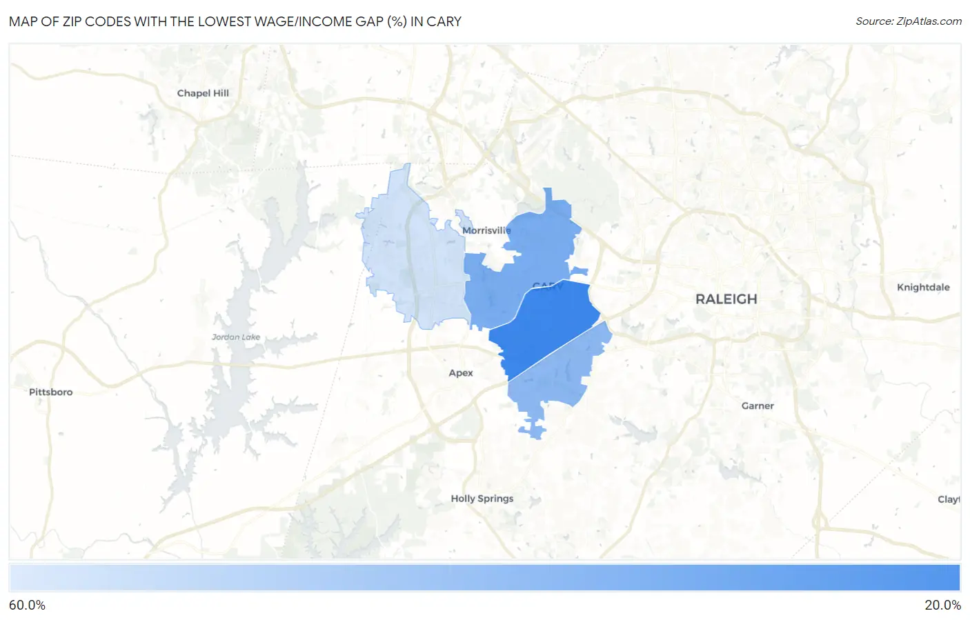 Zip Codes with the Lowest Wage/Income Gap (%) in Cary Map