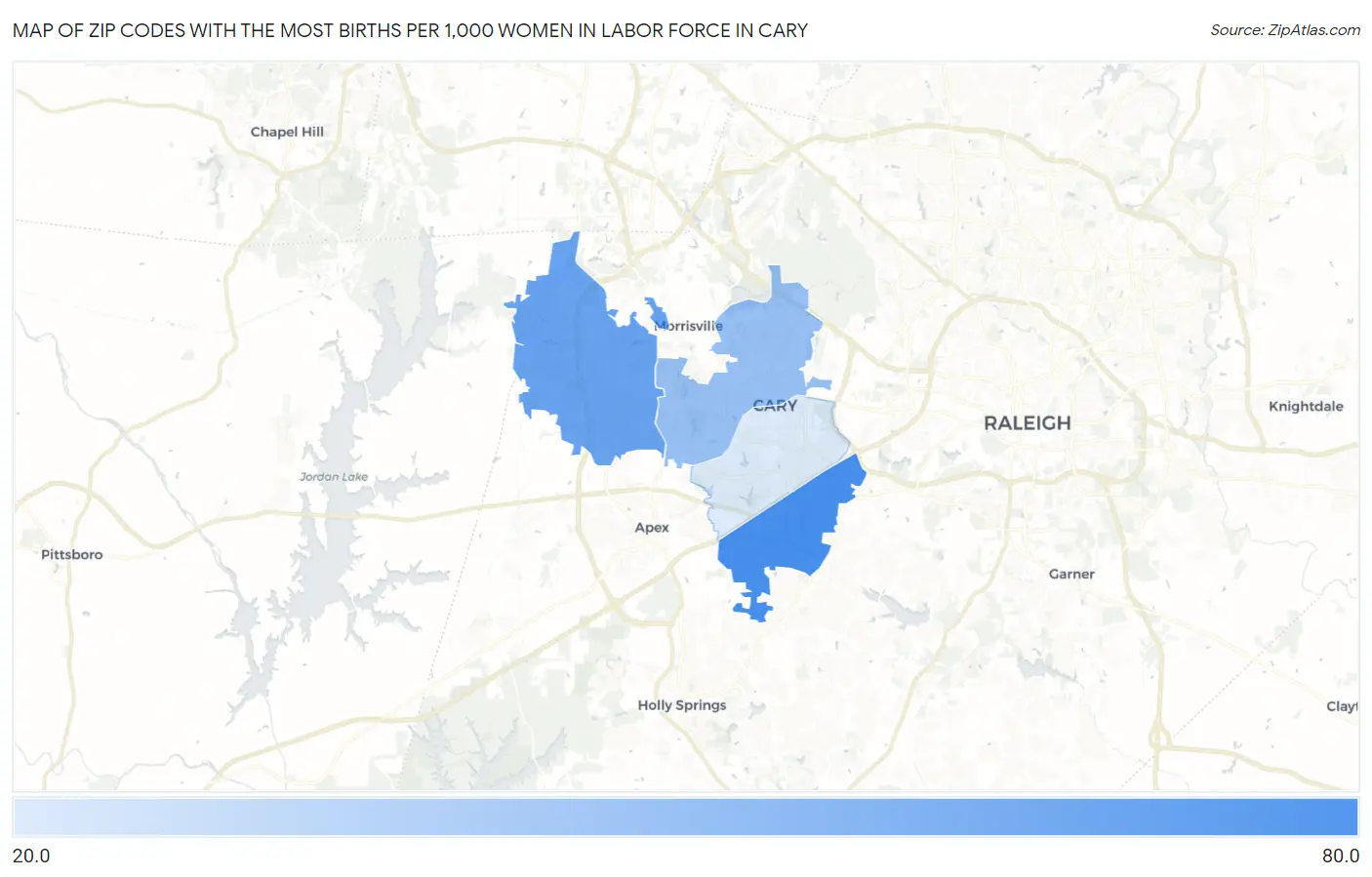 Zip Codes with the Most Births per 1,000 Women in Labor Force in Cary Map