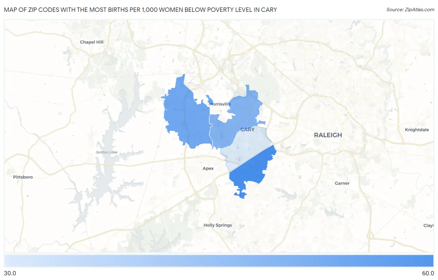 Zip Codes with the Most Births per 1,000 Women Below Poverty Level in Cary Map