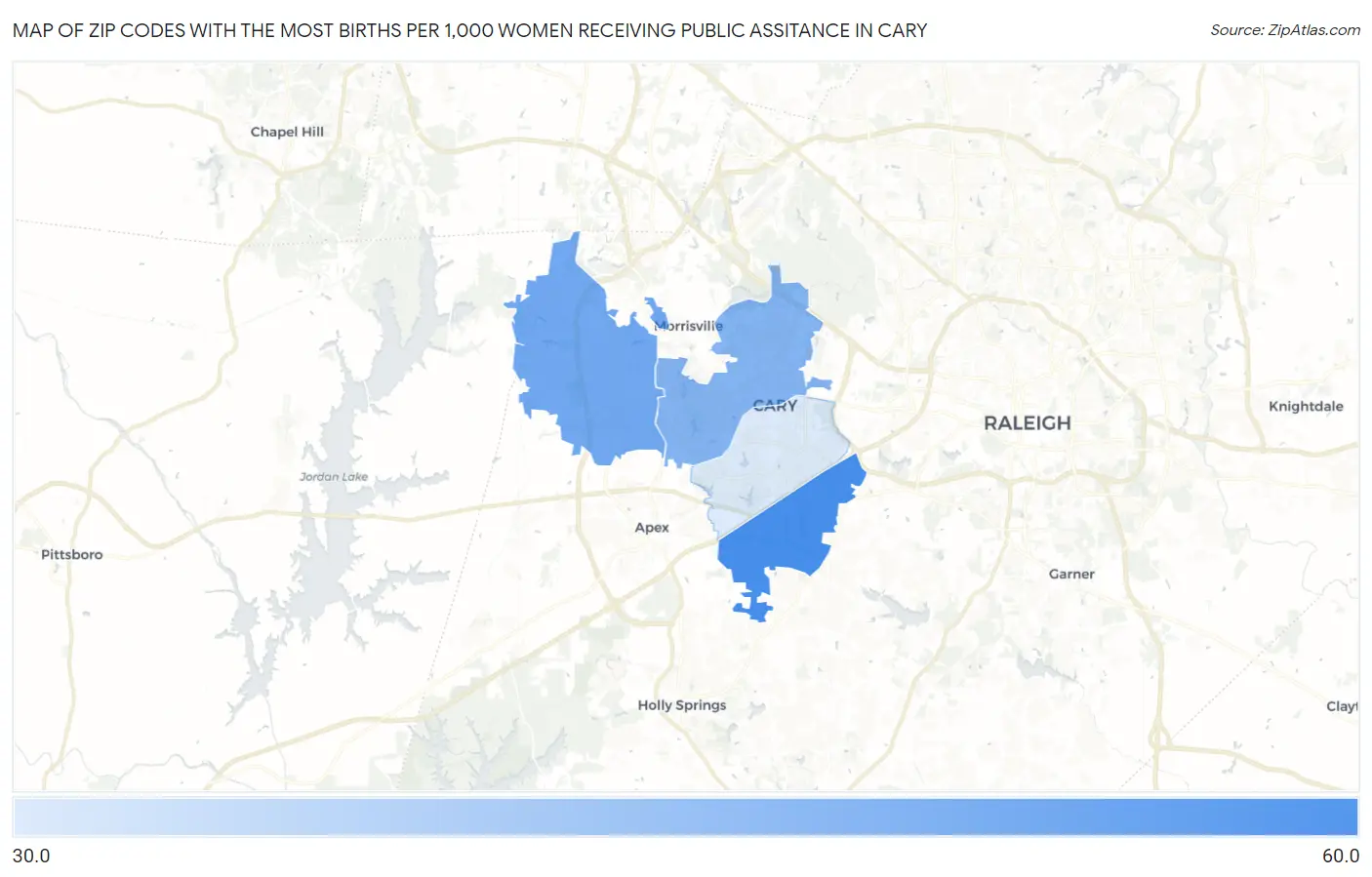 Zip Codes with the Most Births per 1,000 Women Receiving Public Assitance in Cary Map