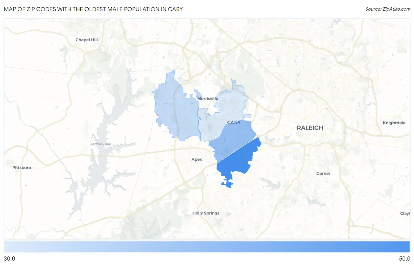 Zip Codes with the Oldest Male Population in Cary Map