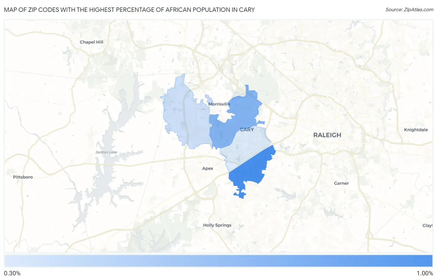 Zip Codes with the Highest Percentage of African Population in Cary Map