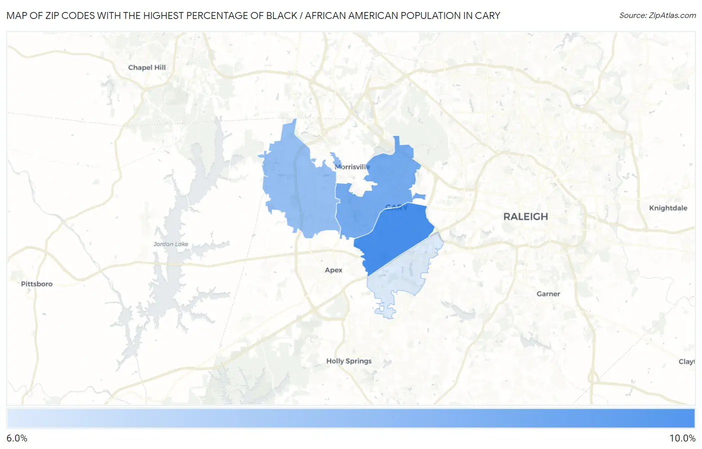 Zip Codes with the Highest Percentage of Black / African American Population in Cary Map