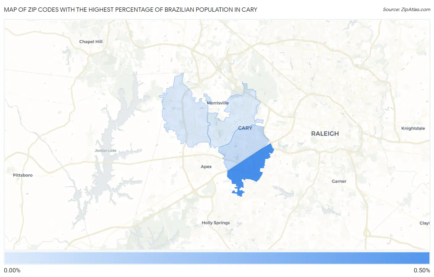Zip Codes with the Highest Percentage of Brazilian Population in Cary Map