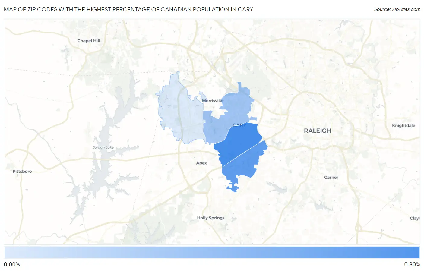 Zip Codes with the Highest Percentage of Canadian Population in Cary Map
