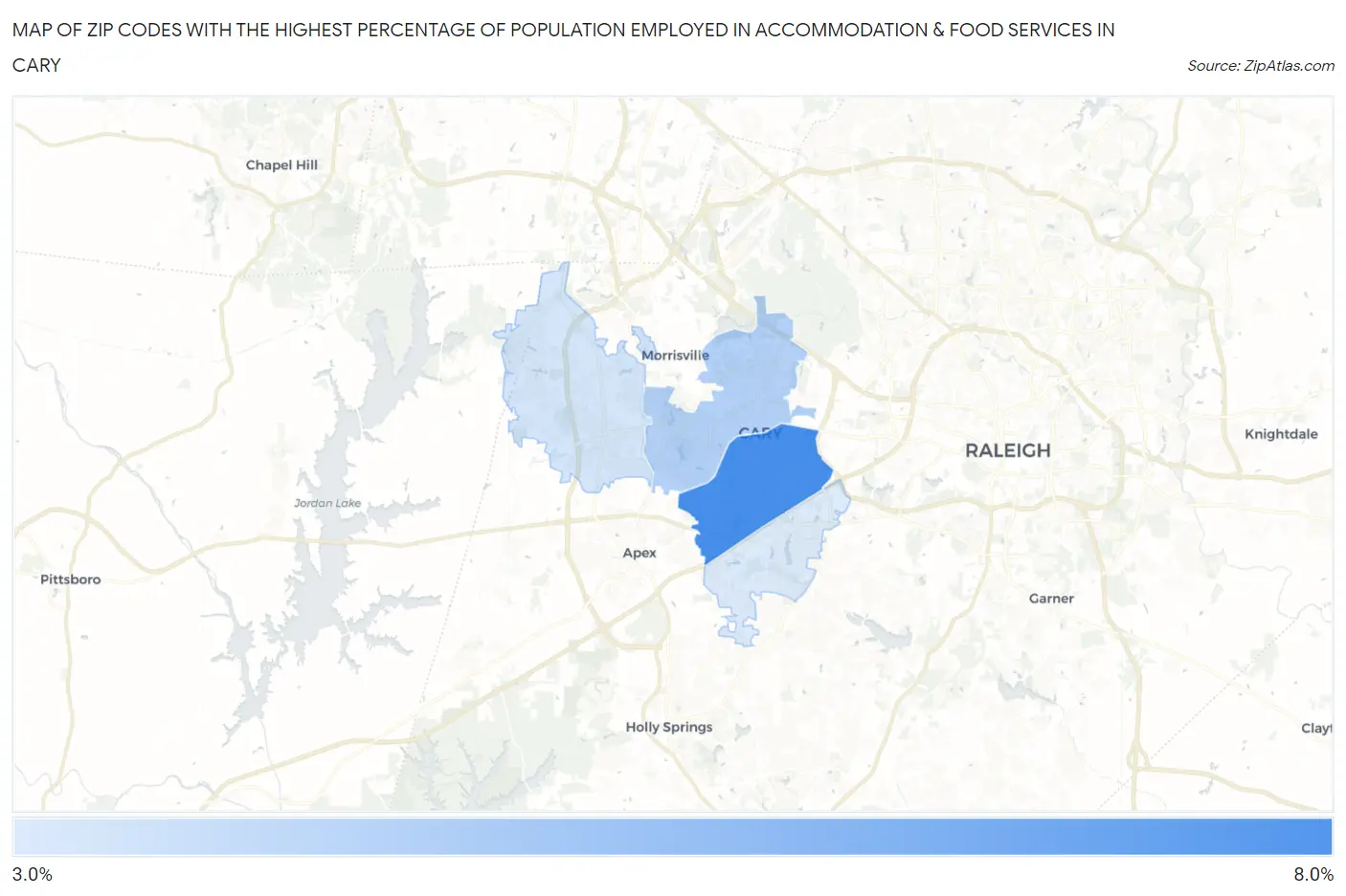Zip Codes with the Highest Percentage of Population Employed in Accommodation & Food Services in Cary Map