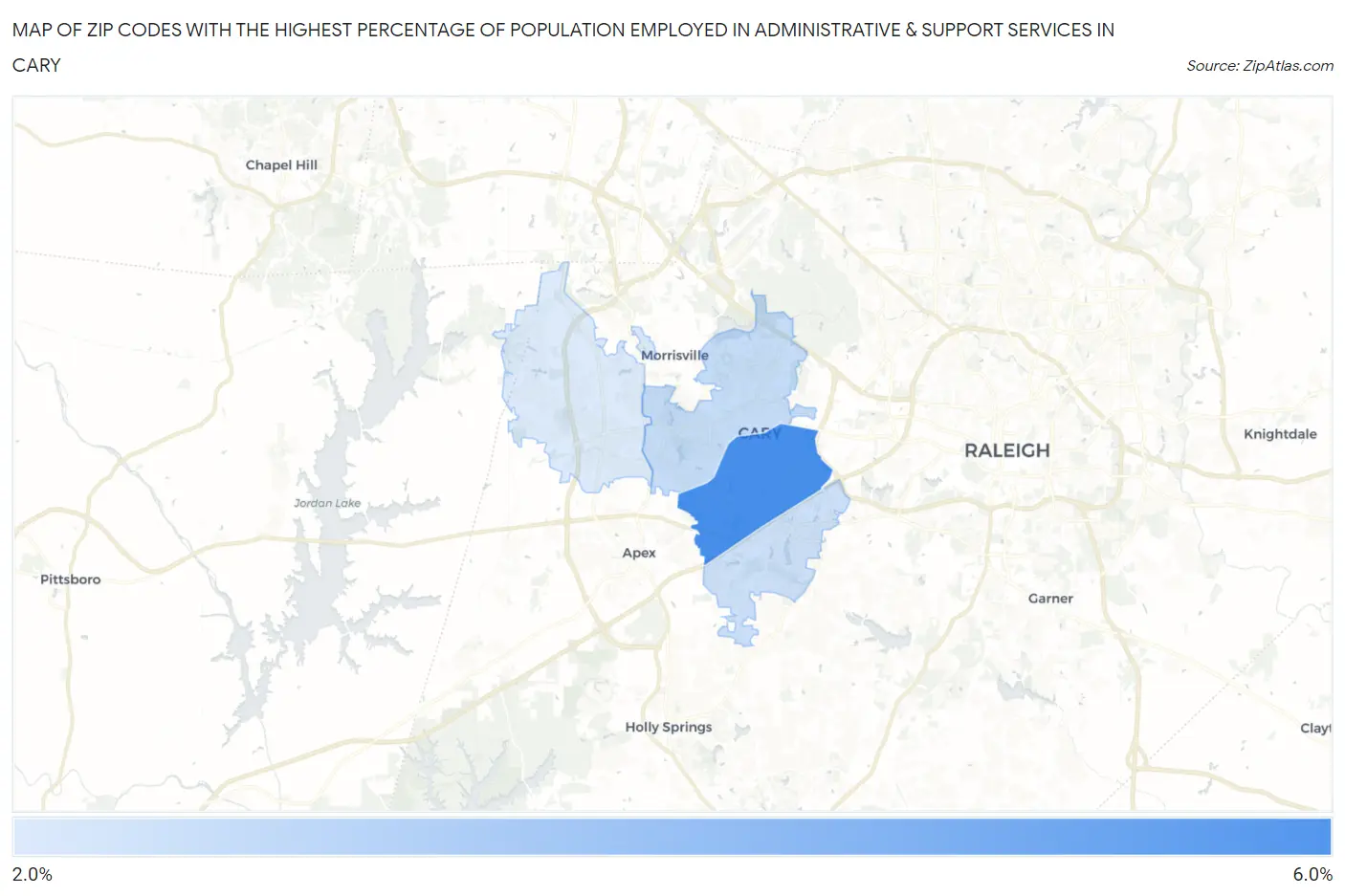 Zip Codes with the Highest Percentage of Population Employed in Administrative & Support Services in Cary Map