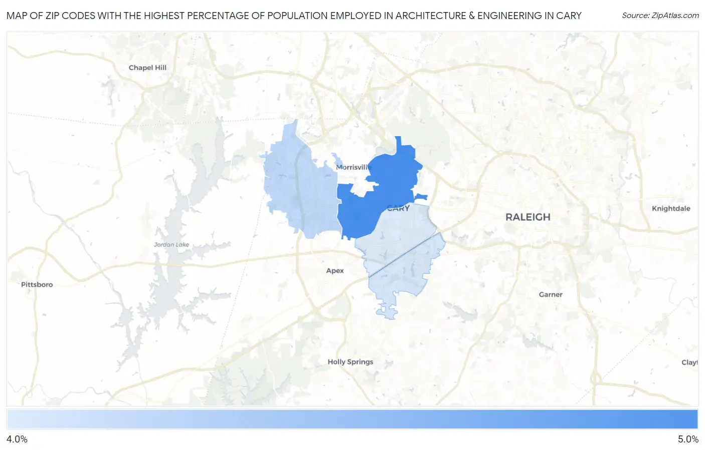 Zip Codes with the Highest Percentage of Population Employed in Architecture & Engineering in Cary Map