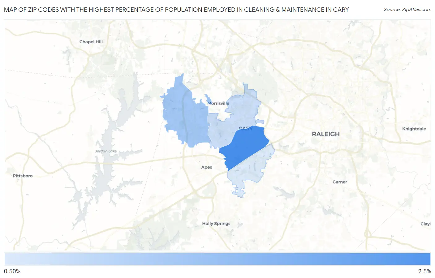Zip Codes with the Highest Percentage of Population Employed in Cleaning & Maintenance in Cary Map