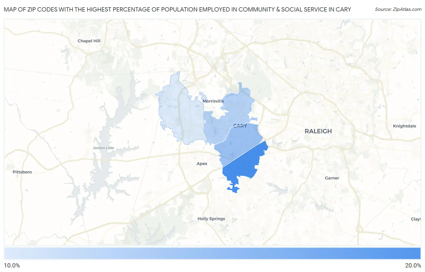 Zip Codes with the Highest Percentage of Population Employed in Community & Social Service  in Cary Map