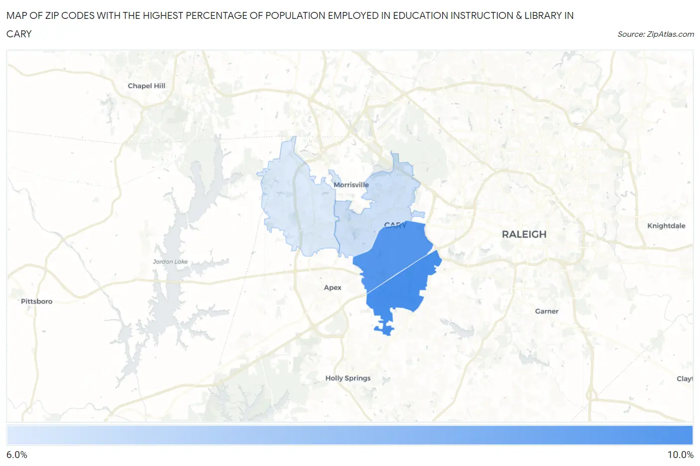Zip Codes with the Highest Percentage of Population Employed in Education Instruction & Library in Cary Map