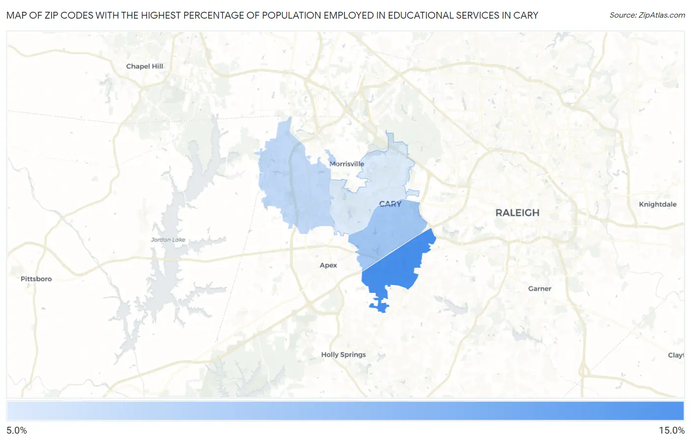 Zip Codes with the Highest Percentage of Population Employed in Educational Services in Cary Map