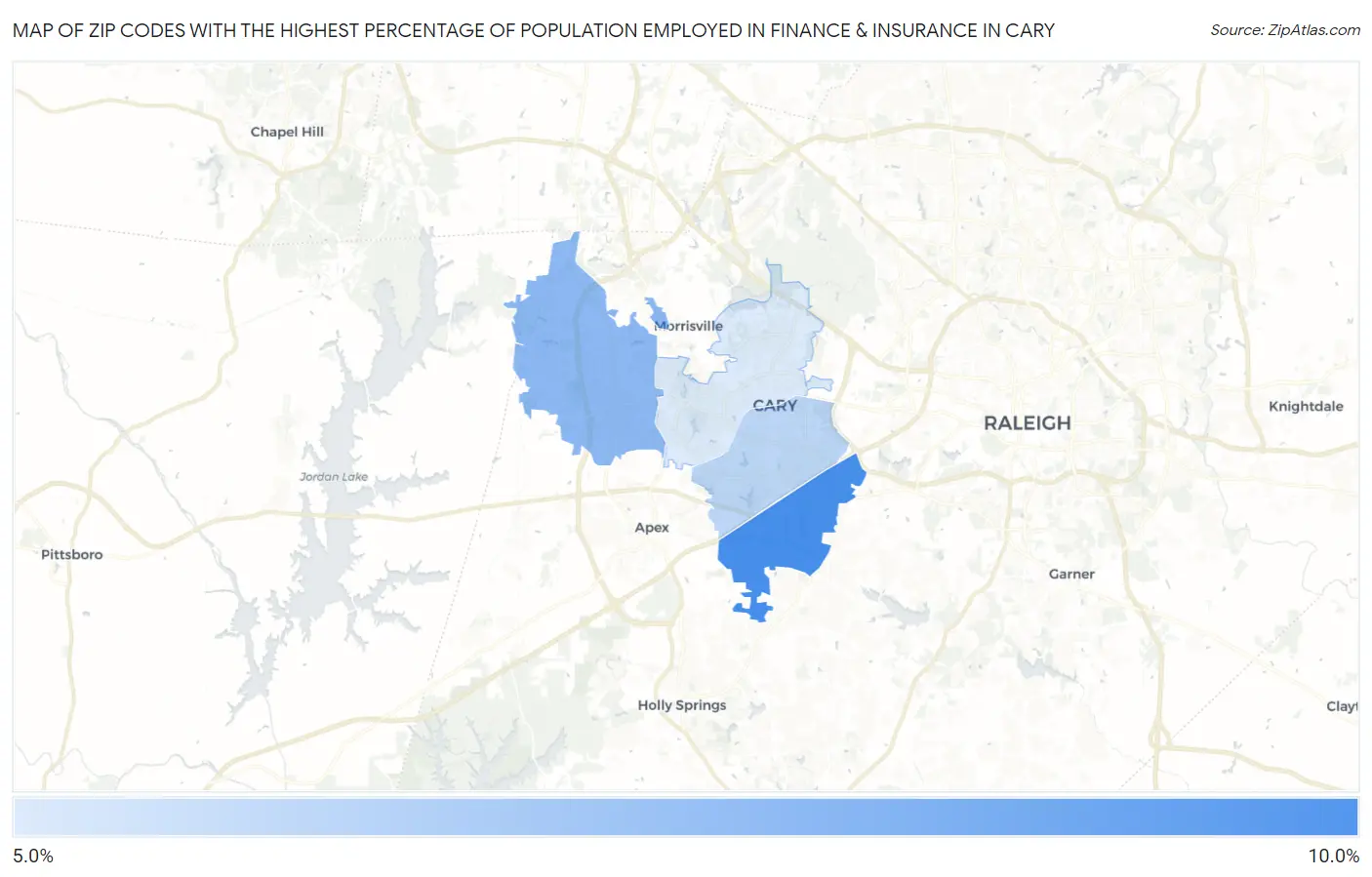 Zip Codes with the Highest Percentage of Population Employed in Finance & Insurance in Cary Map