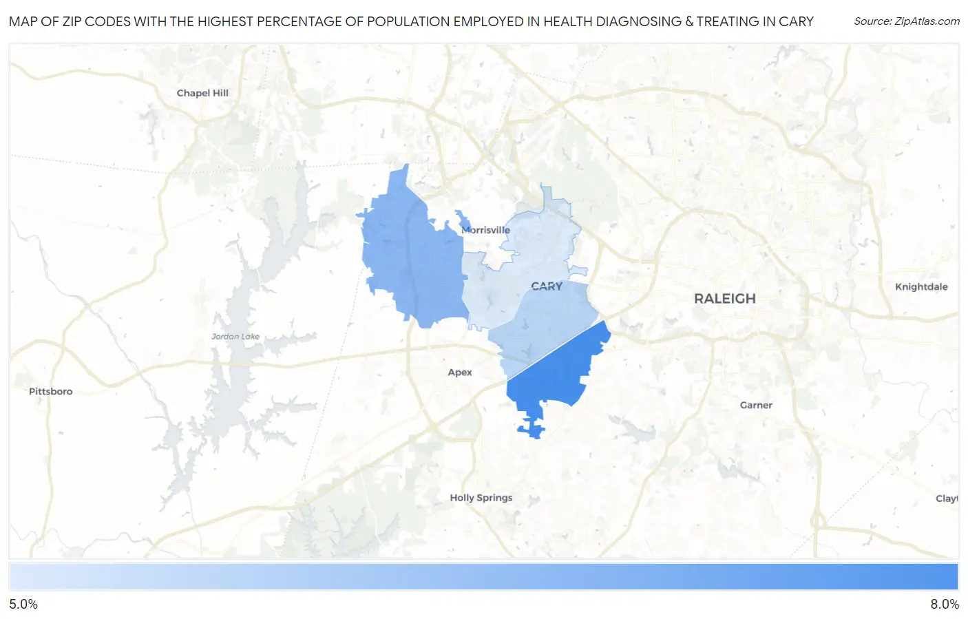 Zip Codes with the Highest Percentage of Population Employed in Health Diagnosing & Treating in Cary Map