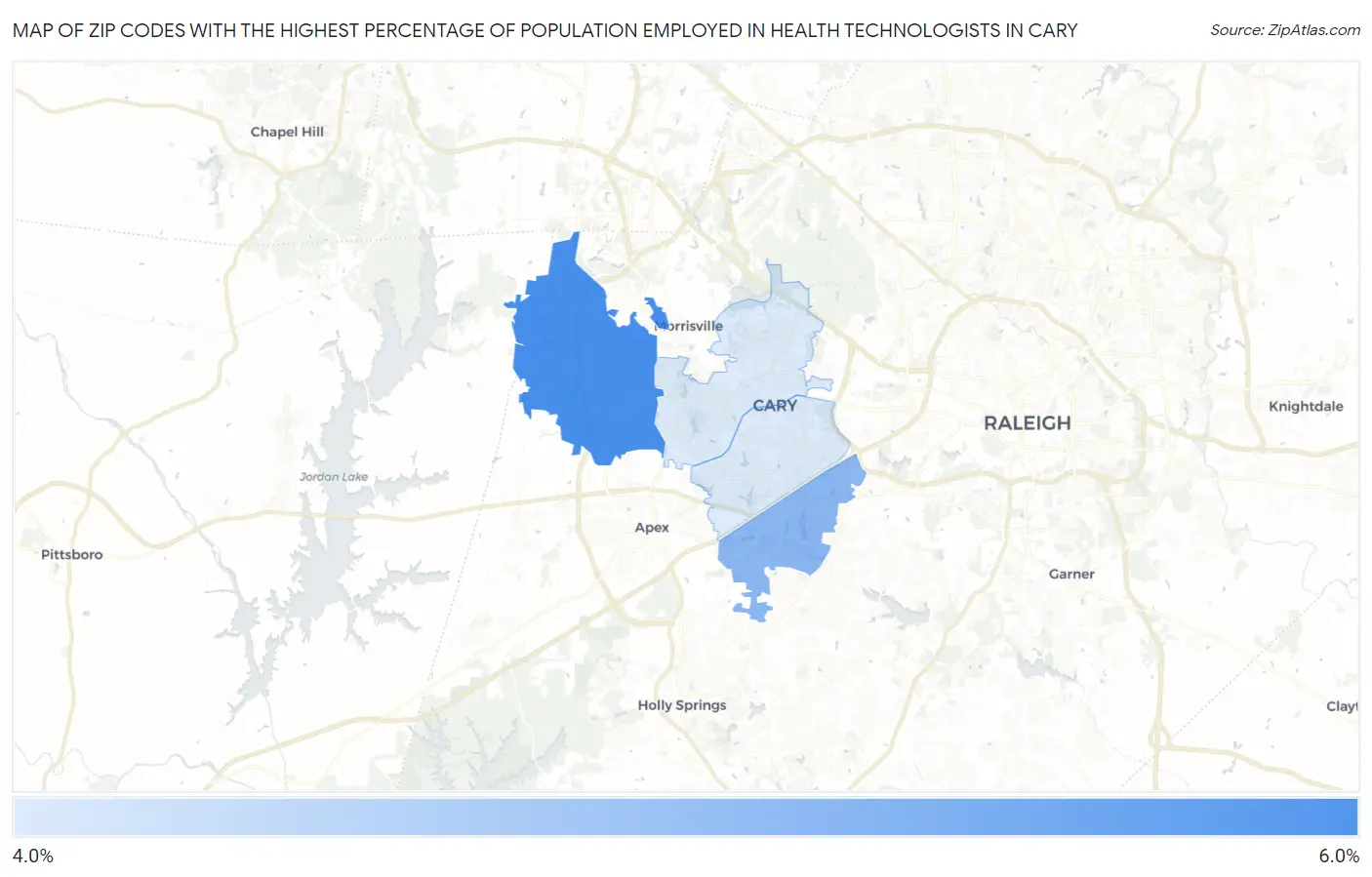 Zip Codes with the Highest Percentage of Population Employed in Health Technologists in Cary Map