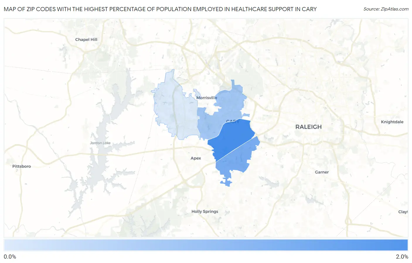 Zip Codes with the Highest Percentage of Population Employed in Healthcare Support in Cary Map