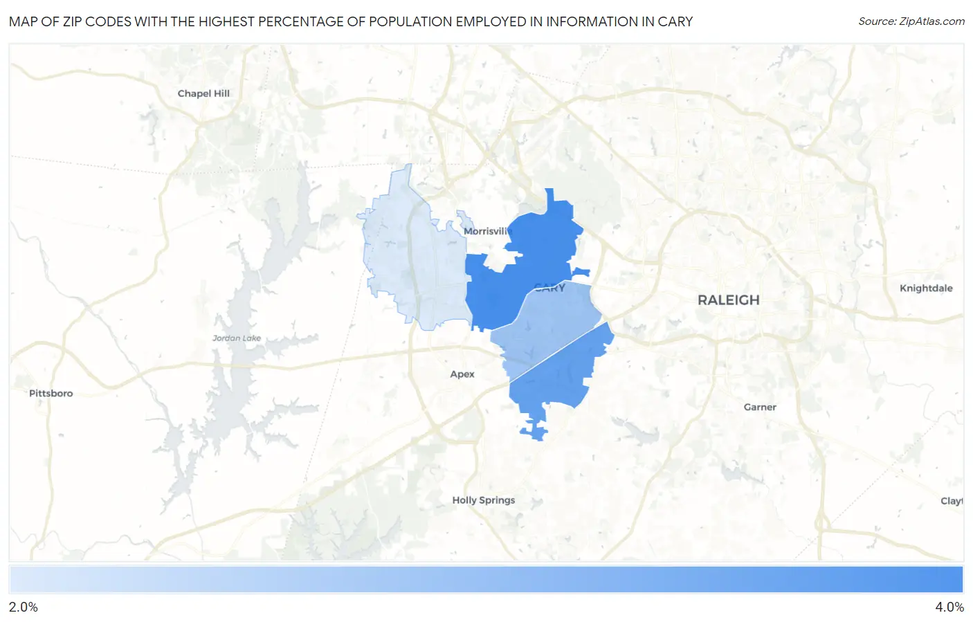 Zip Codes with the Highest Percentage of Population Employed in Information in Cary Map