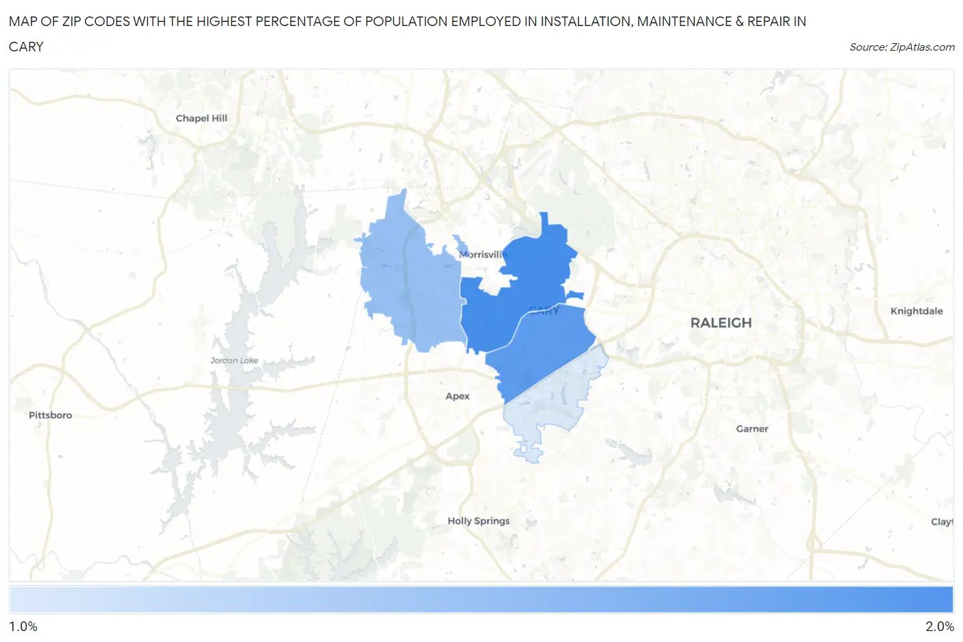 Zip Codes with the Highest Percentage of Population Employed in Installation, Maintenance & Repair in Cary Map