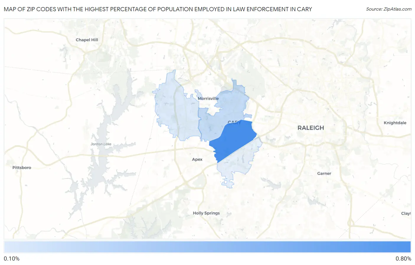 Zip Codes with the Highest Percentage of Population Employed in Law Enforcement in Cary Map