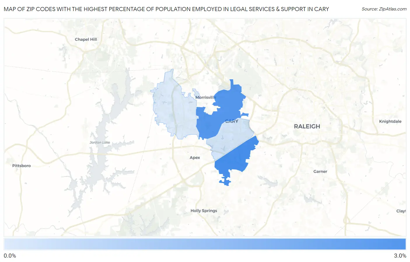 Zip Codes with the Highest Percentage of Population Employed in Legal Services & Support in Cary Map