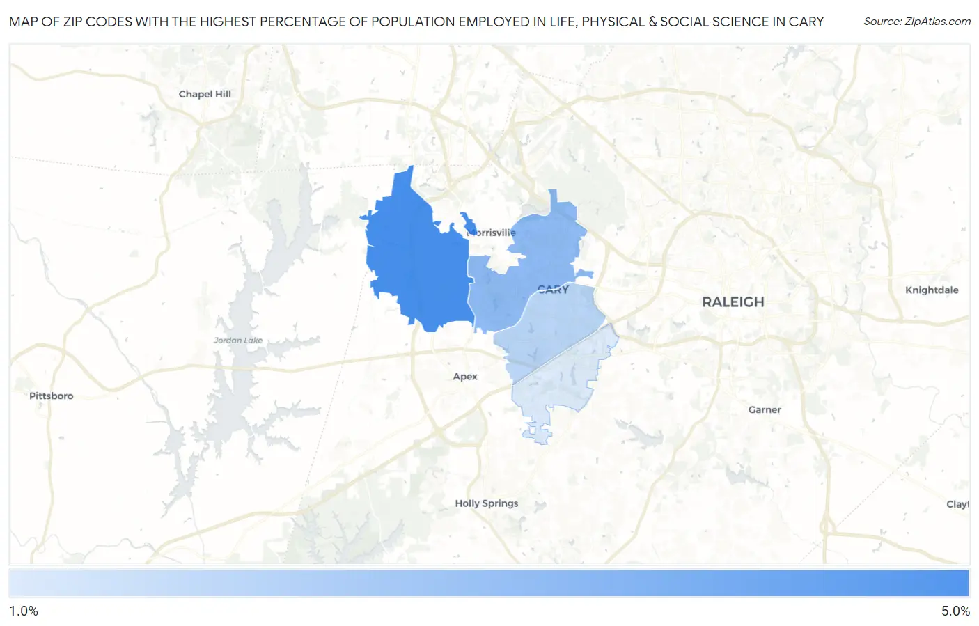 Zip Codes with the Highest Percentage of Population Employed in Life, Physical & Social Science in Cary Map