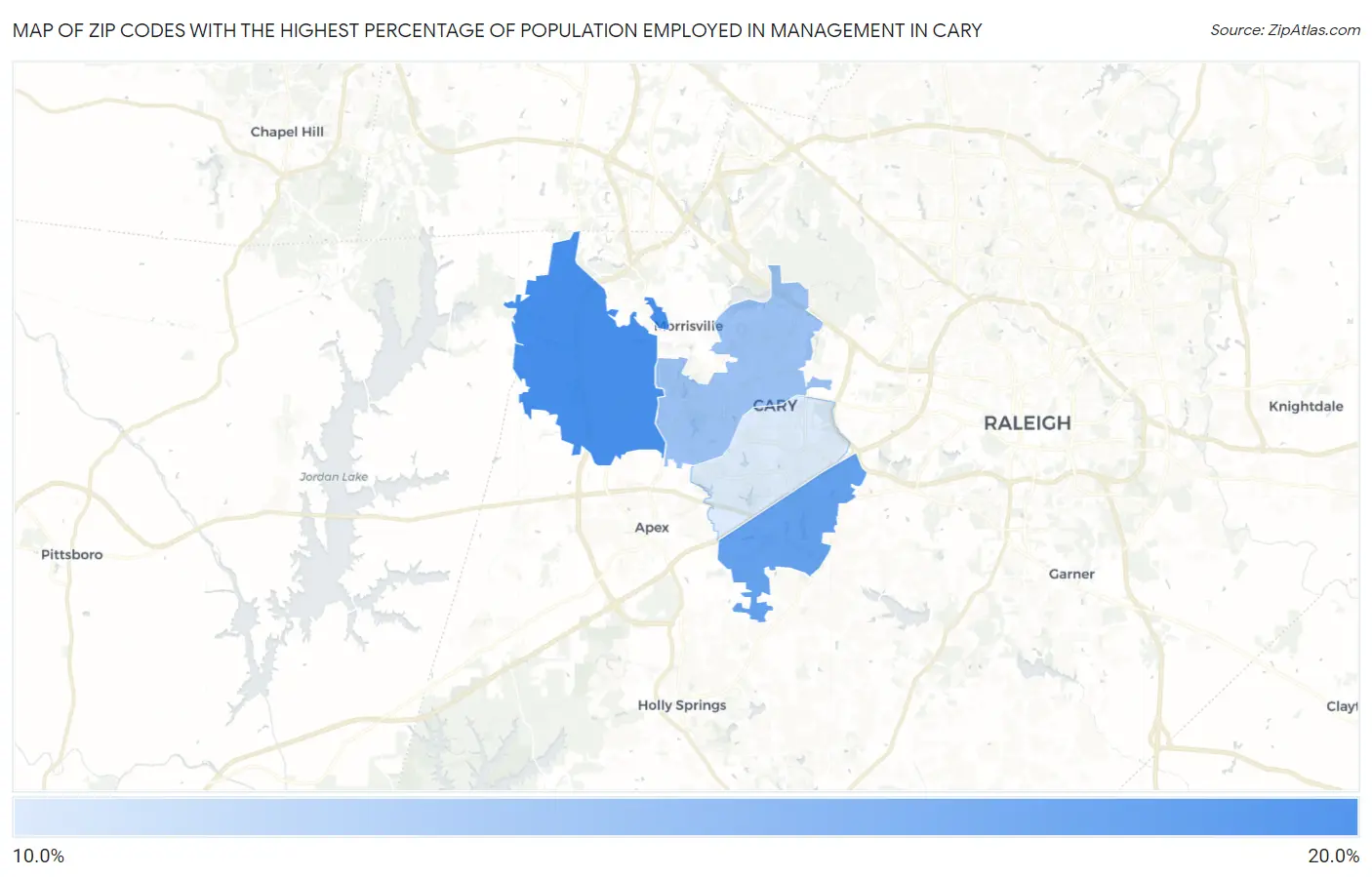 Zip Codes with the Highest Percentage of Population Employed in Management in Cary Map