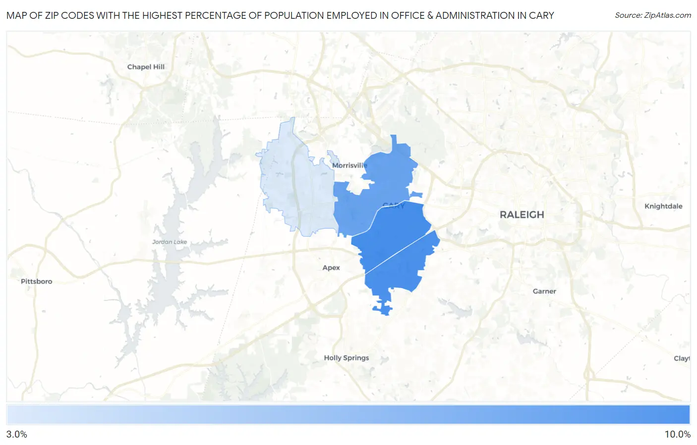 Zip Codes with the Highest Percentage of Population Employed in Office & Administration in Cary Map