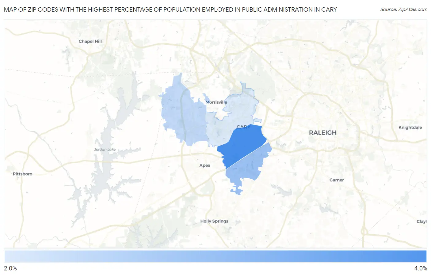 Zip Codes with the Highest Percentage of Population Employed in Public Administration in Cary Map