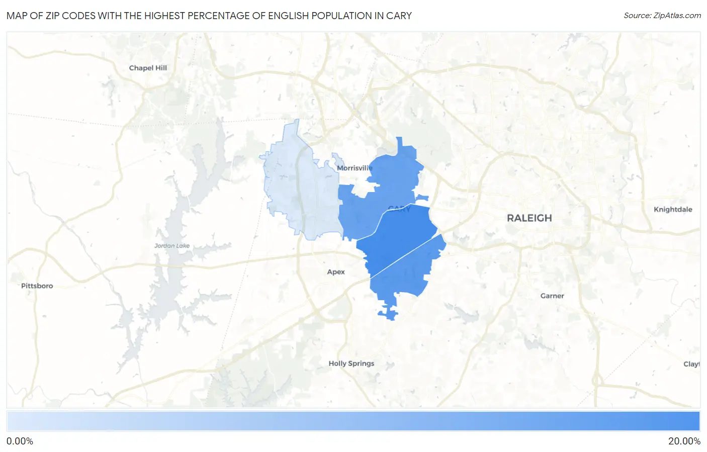 Zip Codes with the Highest Percentage of English Population in Cary Map