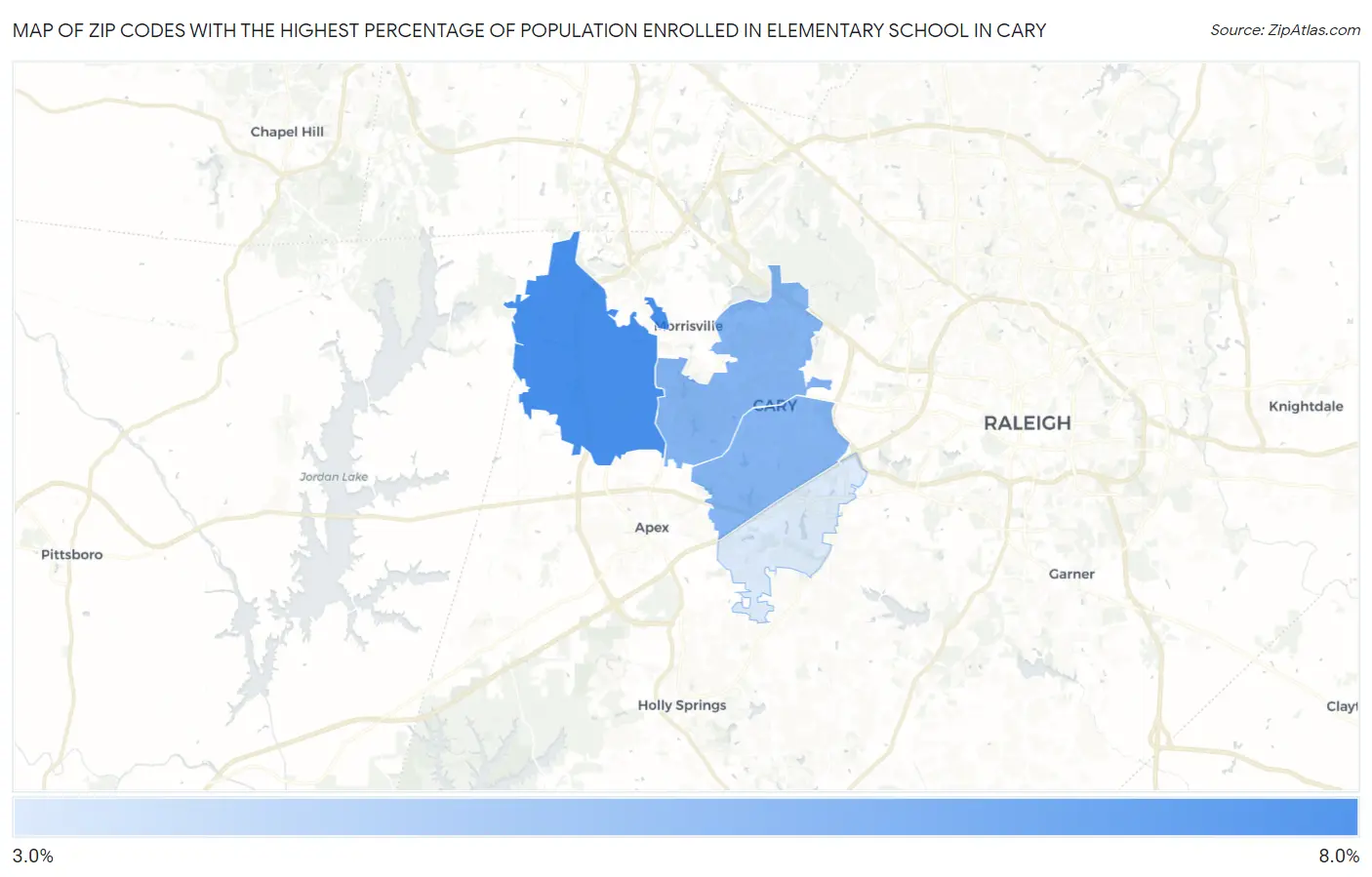 Zip Codes with the Highest Percentage of Population Enrolled in Elementary School in Cary Map