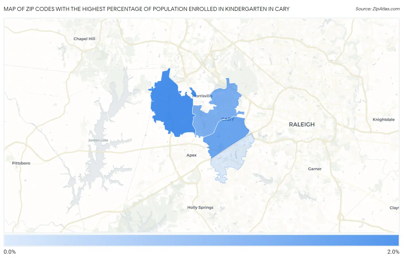 Zip Codes with the Highest Percentage of Population Enrolled in Kindergarten in Cary Map