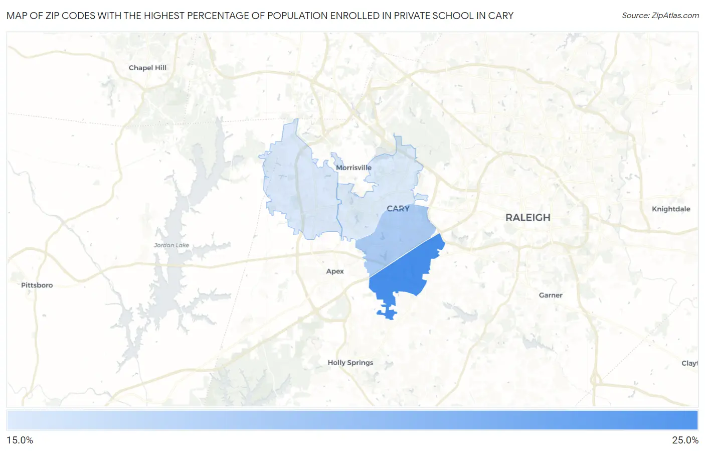 Zip Codes with the Highest Percentage of Population Enrolled in Private School in Cary Map