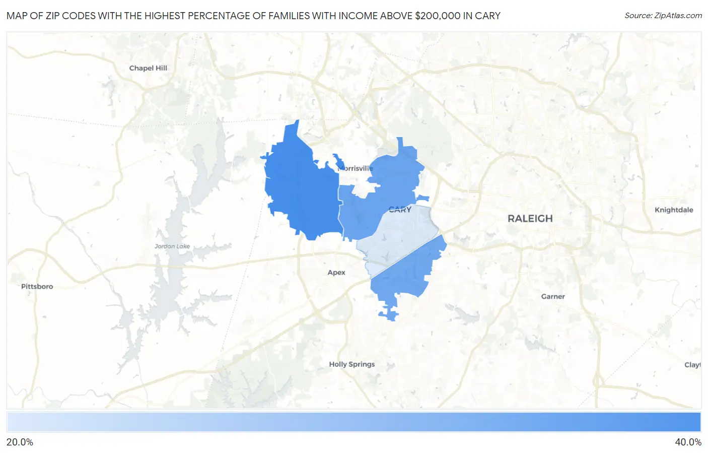 Zip Codes with the Highest Percentage of Families with Income Above $200,000 in Cary Map