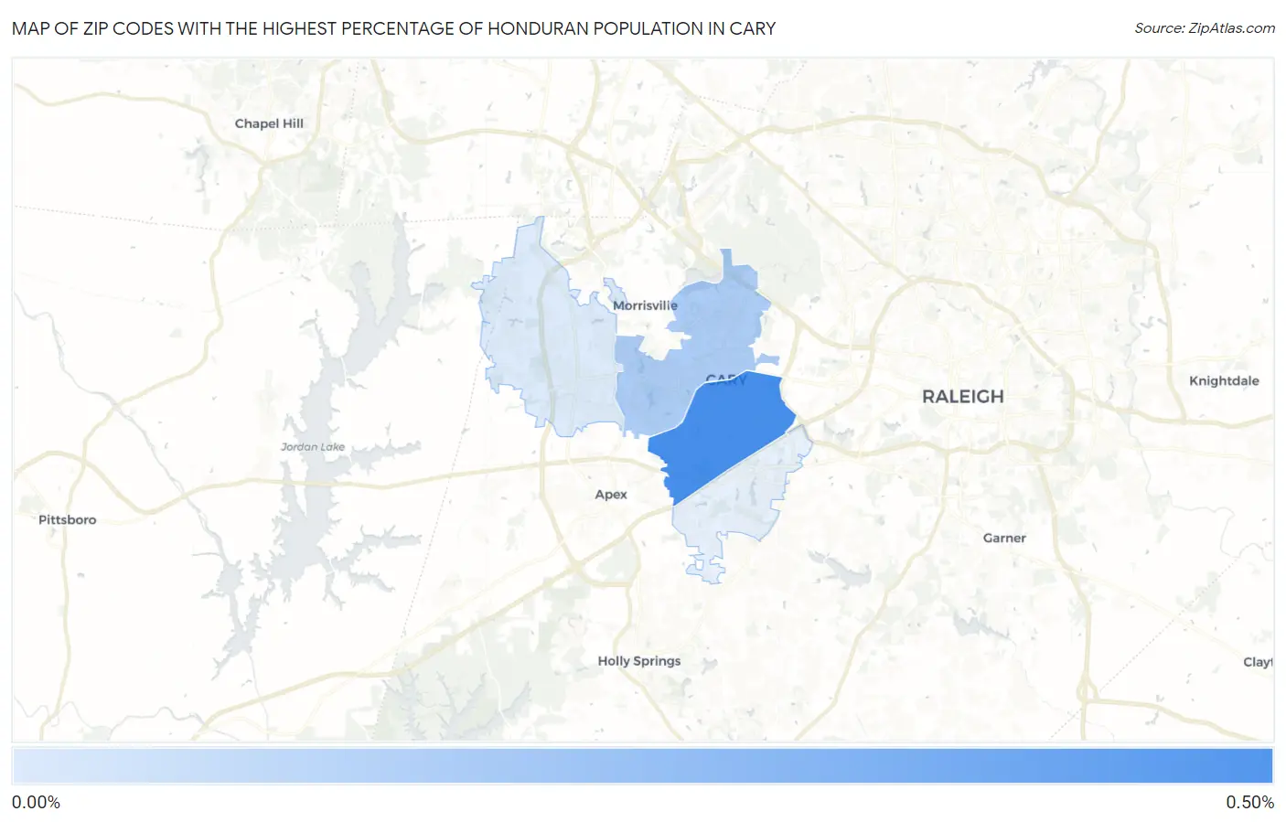 Zip Codes with the Highest Percentage of Honduran Population in Cary Map
