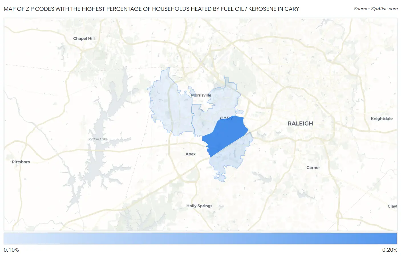 Zip Codes with the Highest Percentage of Households Heated by Fuel Oil / Kerosene in Cary Map